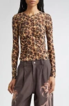 Collina Strada Serpentine Leopard Floral Long Sleeve Mesh Top In Brown