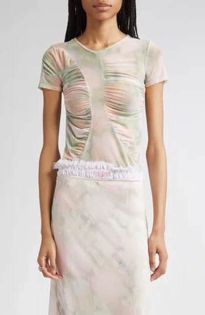 Collina Strada Serpentine Short Sleeve Ruched Mesh Top In Green