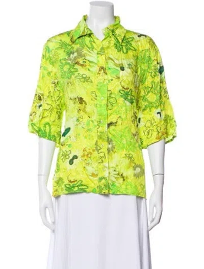 Pre-owned Collina Strada Silk Floral Print Button-up Top In Green