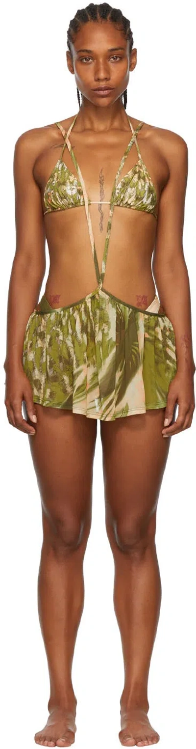 Collina Strada Ssense Exclusive Khaki Recycled Nylon Bikini In Olive Butterflies