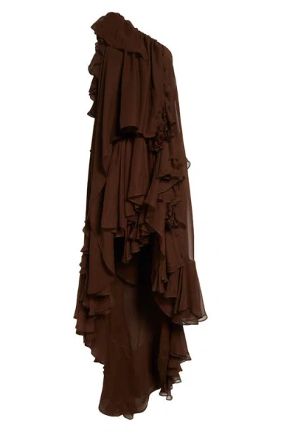 Collina Strada Violet Tiered Ruffle One-shoulder Silk Chiffon Dress