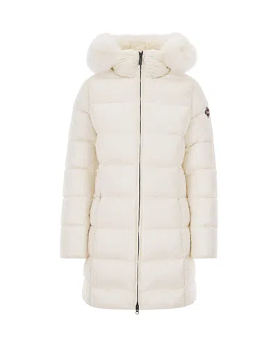 Colmar Cream Hooded Fur-trimmed Long Down Coat In Multi