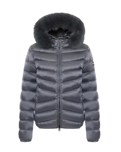 Colmar Chevron Quilted Padded Down Coat With Detachable Faux Fur Hood In Blue
