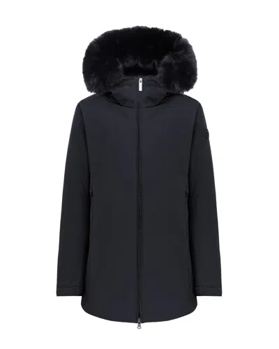 Colmar Women's Long Hooded Puffer Coat With Faux Fur Trim In Black