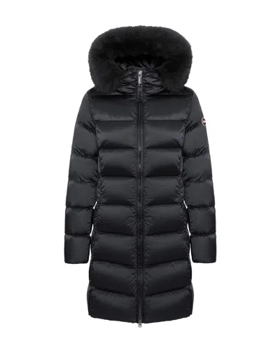 Colmar Women's Long Quilted Down Coat With Faux Fur Hood In Black