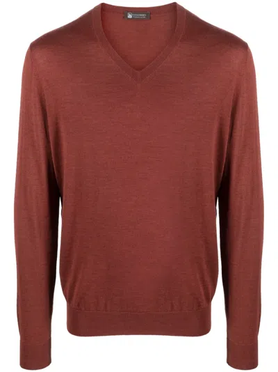 Colombo Fine-knit V-neck Jumper In Maroon