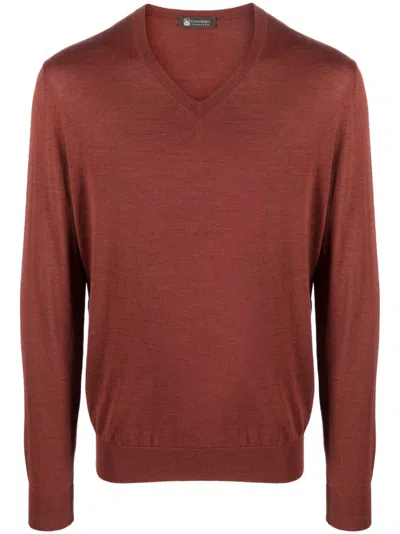 Colombo Fine-knit V-neck Jumper In Maroon