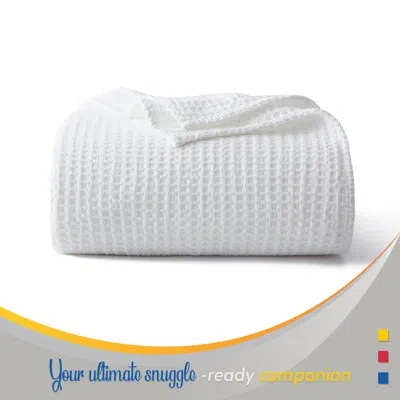 Color Sense 100% Cotton Warm & Cozy Super Soft Antimicrobial Waffle Weave Blanket In White