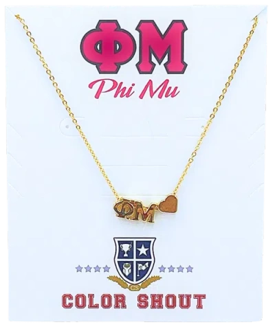 Color Shout Phi Mu Sorority Gold Heart Necklace