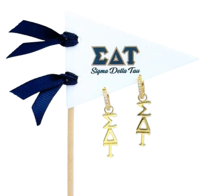 Color Shout Sigma Delta Tau Greek Letter Huggie + Charm Earrings In Gold