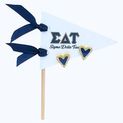 Color Shout Sigma Delta Tau Heart Stud Enamel Earrings On Sorority Pennant Flag In Blue