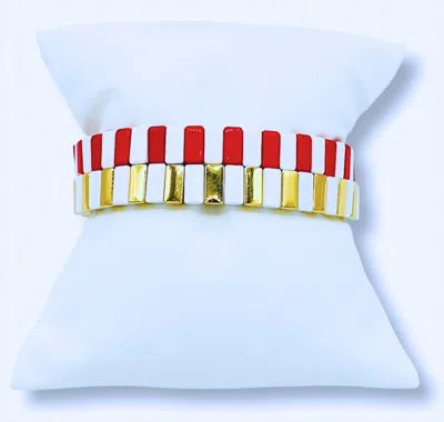 Color Shout Unisex - Alpha Chi Omega Enamel Tile Double Stack Bracelet In Red/gold/white In Multi