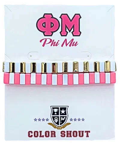 Color Shout Unisex - Phi Mu Enamel Tile Double Stack Bracelet In Hot Pink/gold/white In Multi