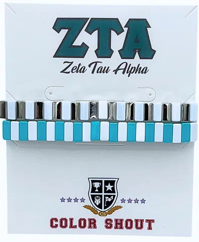 Color Shout Unisex - Zeta Tau Alpha Enamel Tile Double Stack Bracelet In Turquoise/silver/white In Multi