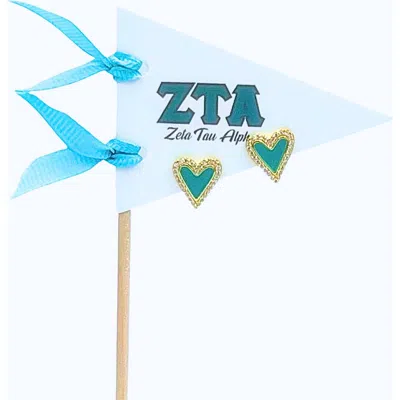 Color Shout Zeta Tau Alpha Heart Stud Enamel Earrings On Sorority Pennant Flag In Brown