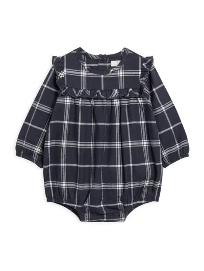 Colored Organics Kids' Baby Girls Ruth Flannel Ruffle Neckline Bodysuit In Navy Plaid In Brown