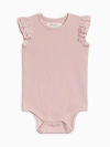 Colored Organics Organic Cotton Maggie Ribbed Short Sleeve Bodysuit With Eyelet Ruffle In Pink