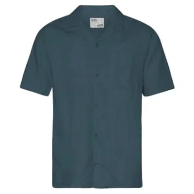 Colorful Standard Short Sleeve Linen Shirt Petrol Blue In Green