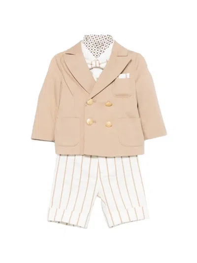 Colorichiari Babies' Double-breasted Front-pocket Shorts Set In Brown
