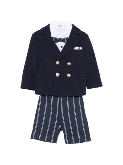 Colorichiari Babies' Double-breasted Striped-pattern Shorts Set In Blue
