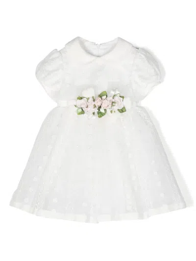 Colorichiari Babies' Floral-appliqué Short-sleeve Dress In White