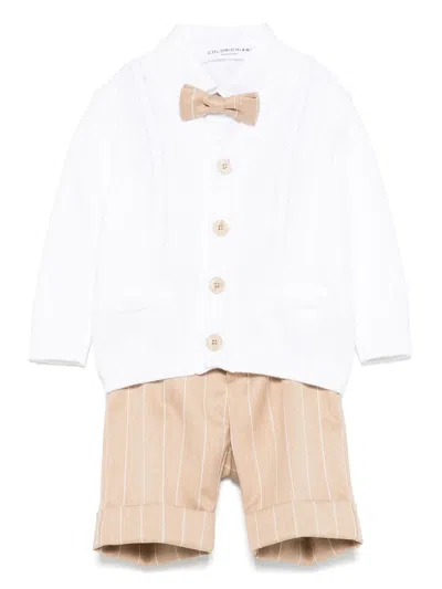 Colorichiari Babies' Striped Shorts, Shirt And Cardigan Set In White