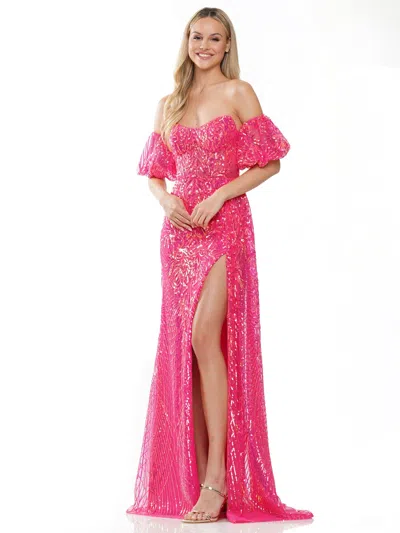Colors 3115 Long Off Shoulder Formal Sequin Prom Dress In Pink