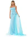 Colors 3121 Long Formal Fitted Beaded Mesh Prom Dress In Blue