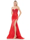 Colors 3138 Long Strapless Metallic Prom Dress In Red