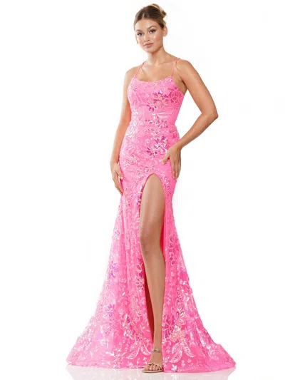 Colors 3139 Long Formal Sequin Glitter Mesh Prom Dress In Pink
