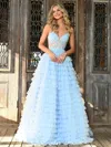 Colors 3219 Prom Long Spaghetti Strap Beaded Mesh Ball Gown In Blue