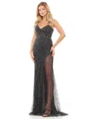 Colors 3307 Long Beaded Mesh Corset Bodice Cross Back Prom Dress In Black