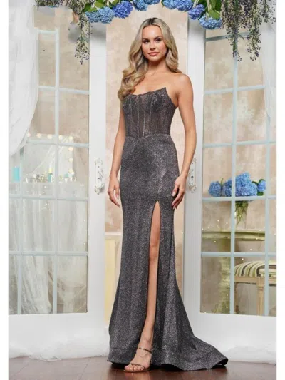 Colors 3403 Long Fitted Beaded Formal Prom Dress In Gray