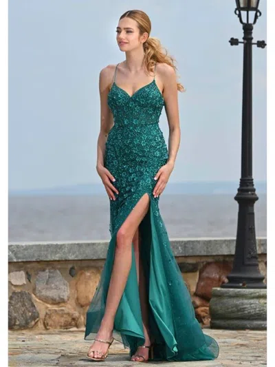 Colors 3453 Floral Formal Long Prom Dress In Green