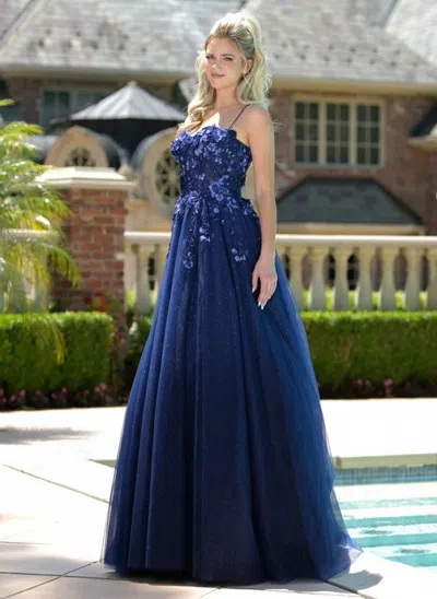 Colors 3496 A Line Long Formal Floral Prom Dress In Blue