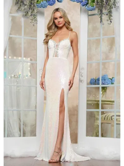 Colors 3528 Long Formal Slit Fitted Sequin Prom Dress In White