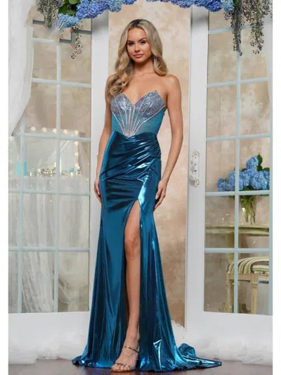 Colors 3551 Fitted Long Formal Metallic Slit Prom Dress In Blue