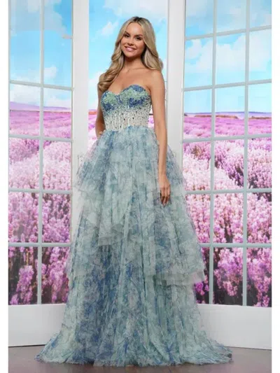 Colors 3572 Beaded Formal Print Ruffle Long Prom Dress In Blue