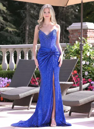 Colors 3580 Long Formal Sequin Fitted Prom Dress In Blue