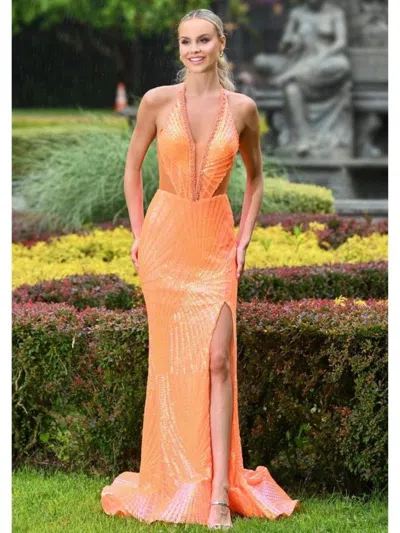 Colors 3595 Fitted Formal Sequin Long Prom Dress In Orange