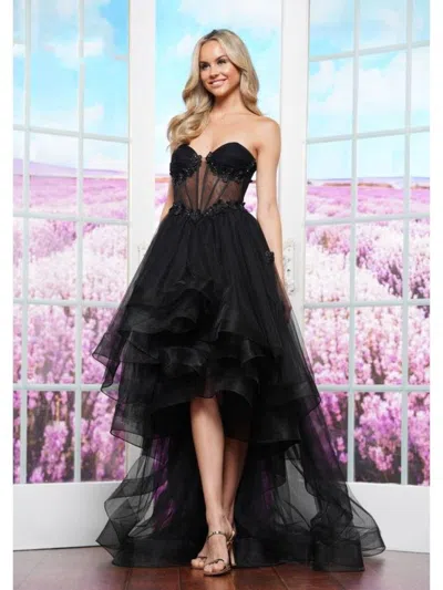 Colors 3600 High Low Floral Applique Formal Prom Dress In Black