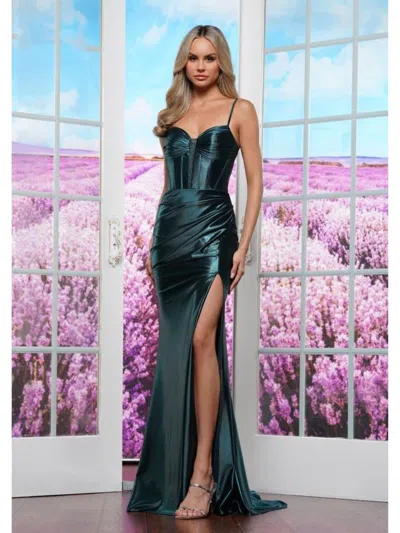 Colors 3603 Fitted Long Formal Metallic Prom Dress In Green