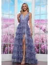 Colors 3618 Long A Line Formal Print Prom Dress In Blue