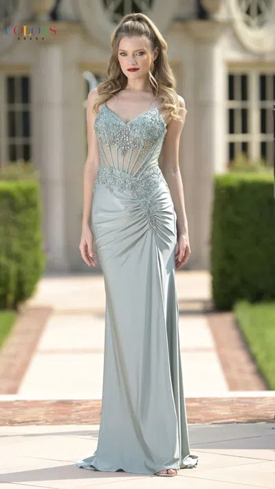 Colors 3705 Long Formal Fitted Corset Prom Dress In Green