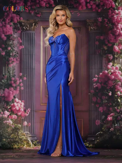 Colors 3717 Long Formal Beaded Fitted Corset Mermaid Prom Dress In Blue