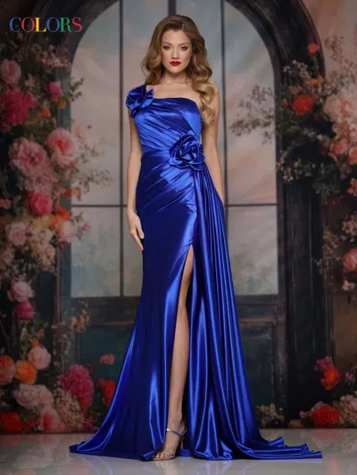 Colors 3731 Long Formal 3d Floral Ruffle Prom Dress In Blue