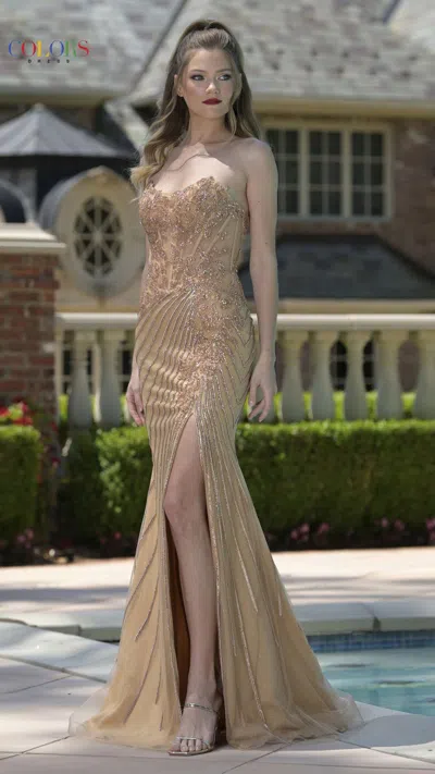 Colors 3762 Long Formal Fitted Beaded Applique Corset Prom Dress