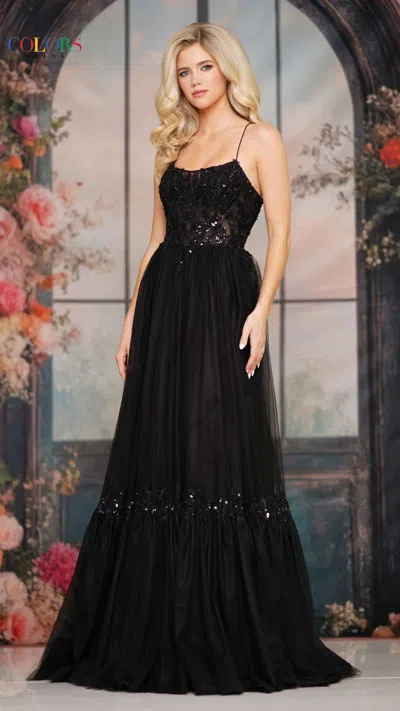 Colors 3799 Lace Applique Long Formal Ruffle Beaded Prom Dress