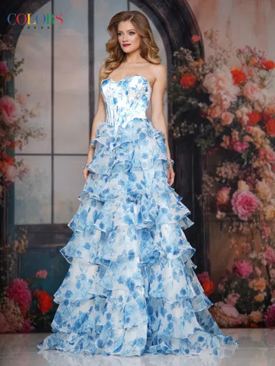 Colors 3836 Corset Long Formal Ruffle Print Prom Dress