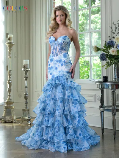 Colors 3928 Long Formal Ruffle Corset Prom Dress